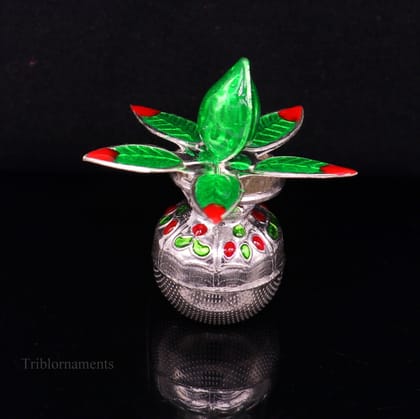 Sterling silver handmade fabulous design puja kalash & mango tree leaf and coconut, stunning worshipping silver articles, temple art su463