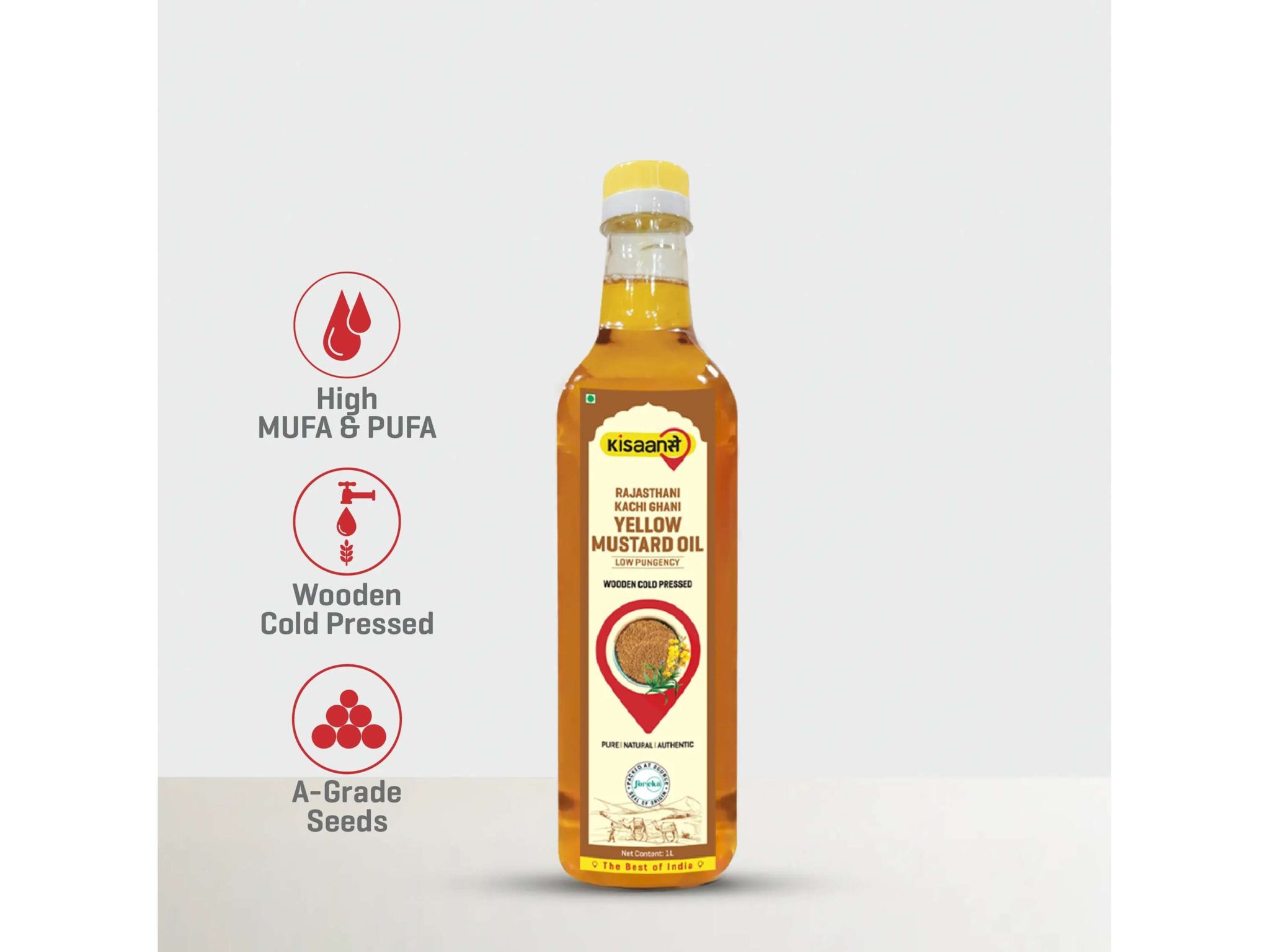 KisaanSay Rajasthani Kachi Ghani Mustard Oil (Yellow) - Wood Pressed - 1 Litre