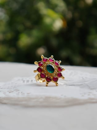 Aslan Red-Green Kundan Ring-Green