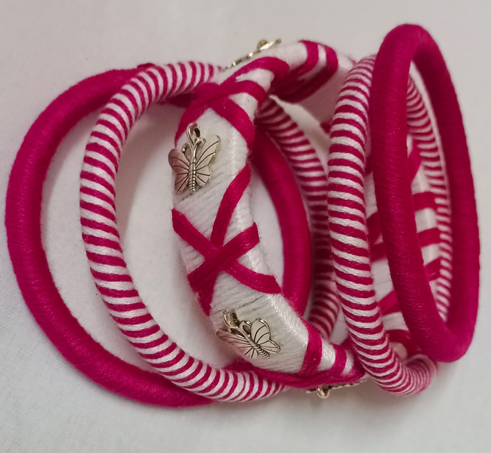 Vibrant Cotton Thread Bangles - Red & White Striped Design