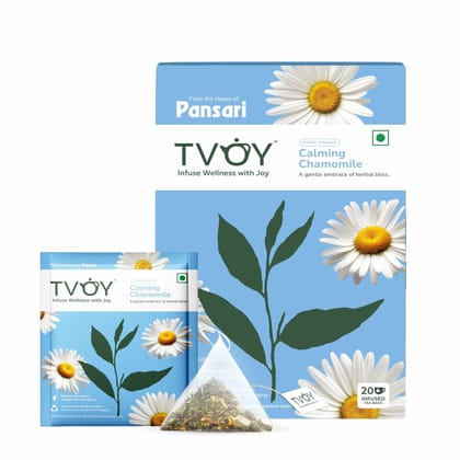 TVOY Organic Chamomile Green Tea Bags | Biodegradable Pyramid Chamomile Tea Bags for Sleep, Relaxation & Digestion | Pure Chamomile Flower Tea | Non-Carcinogenic, 20 Chamomile Tea Bags