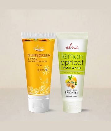 Alna Sunscreen Lotion SPF 30+ with Lemon Apricot Face Wash 75ml Each , Pack of 2