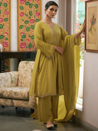 Yellow Party Wear Chanderi Silk Kurti with Dupatta-XS