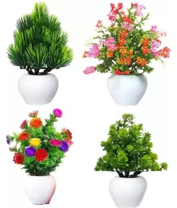 Multicolor Daisy Artificial Flower With Pot (Pack of 4)
