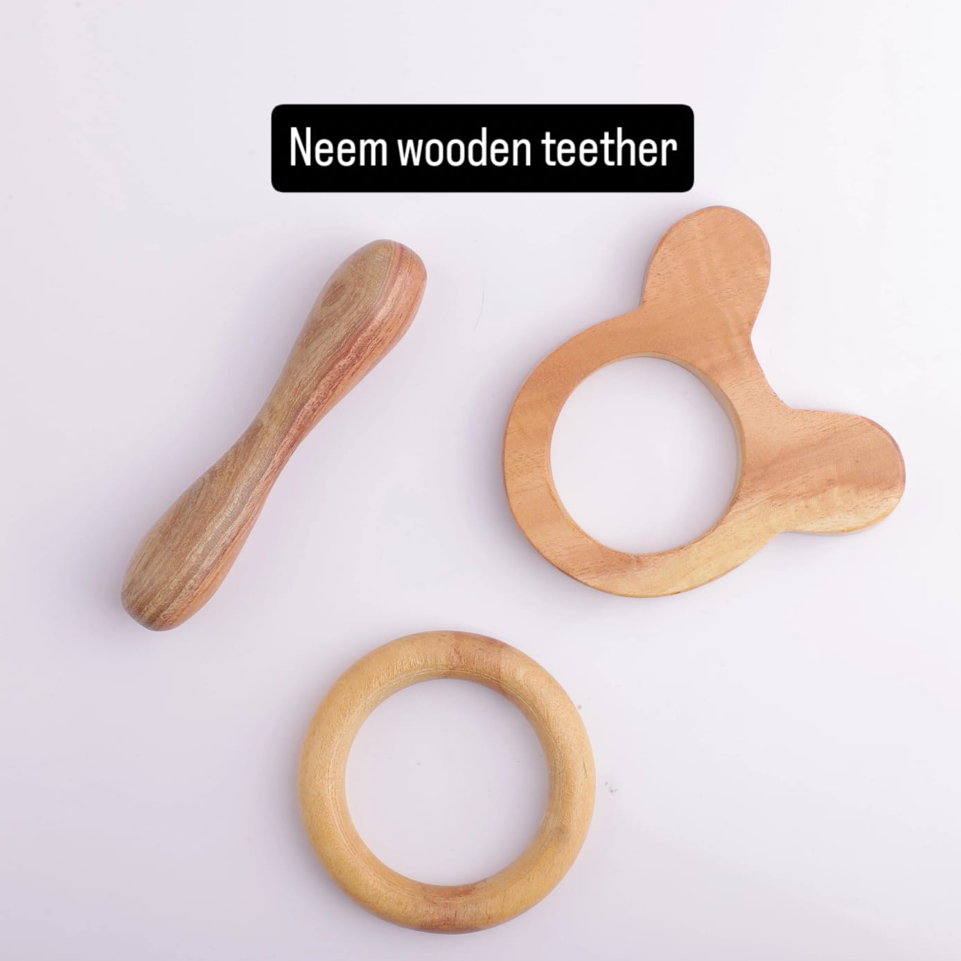 Reva Natural Wooden Teething Toys for Babies | Ring, Mickey & Dumbbell Teether Set | Baby Chewing Toys for Infants 312 Months | Gentle Gum Comfort