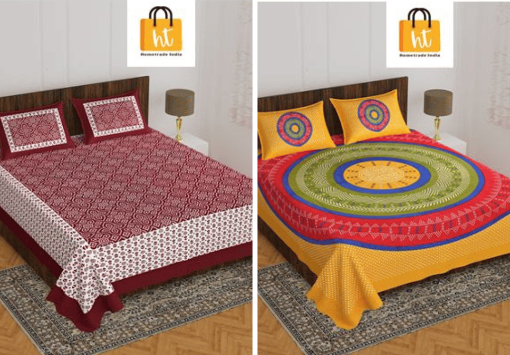 2201-Hometrade India- Standard Double Size (90*100 in )-Combo Jaipuri Double bedsheet With Matching Pillow Cover