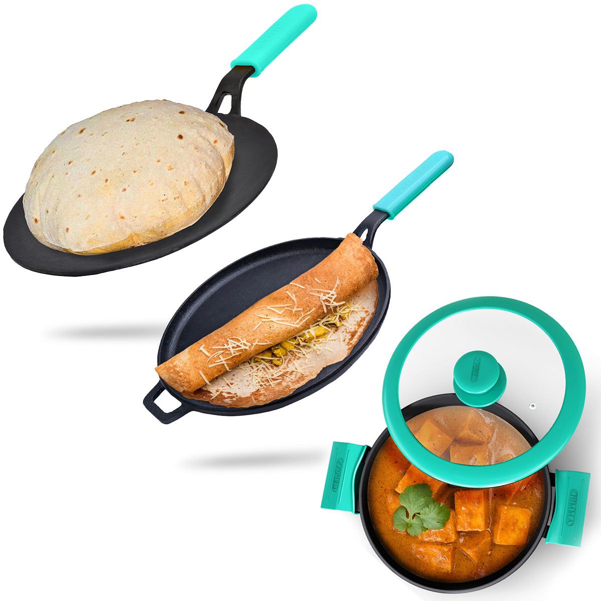 GEMMA Dosa Tava | Roti Tava | with Lid Kadhai 3.5 Liter Smooth Flat Base-Green