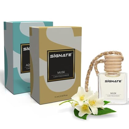 Signate Car Perfume with Natural Fragrance Essential Oils | Car Air Fresheners Long Lasting Upto 90 Days | Hanging Pod in Glass Bottle with Wooden Diffuser Lid (Musk 15ML + Aqua Lotus Air 15ML) Signate Car Perfume with Natural Fragrance Essential Oils | Car Air Fresheners Long Lasting Upto 90 Days | Hanging Pod in Glass Bottle with Wooden Diffuser Lid (Musk 15ML + Aqua Lotus Air 15ML)