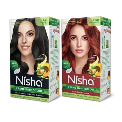 Nisha Creme Hair Color Combo, Pack of 2 Natural Black & Mahogany