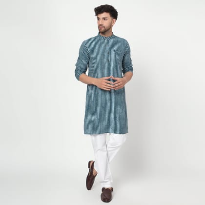 teal Men's printed band collar cotton kurta-XS