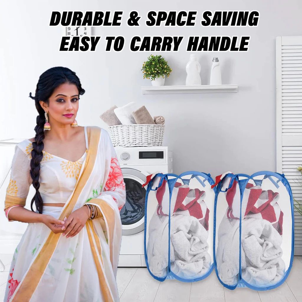 Laundry Hamper Mesh Fabric For Ventilation Foldable Storage Pop Up Clothes Basket (Pack of 1)