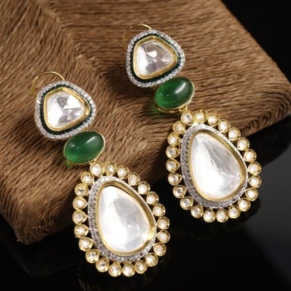 Ethnic Green Kundan French clip Danglers