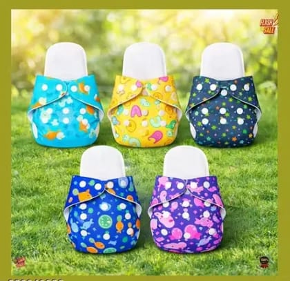 Pack of 5 eco-conscious reusable diapers with floral and fun prints, excellent absorbency, and adjustable fit for growing babies.