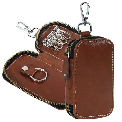Storite PU Leather Large Key Case Pouch Wallet Keychain Key Holder with 6 Hooks Zipper Closure - Brown