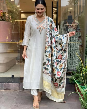 Viscose Chanderi Zari Weaving Neck work Kurti Pant Dupatta Set (Ready to wear)-Grey / S(36)