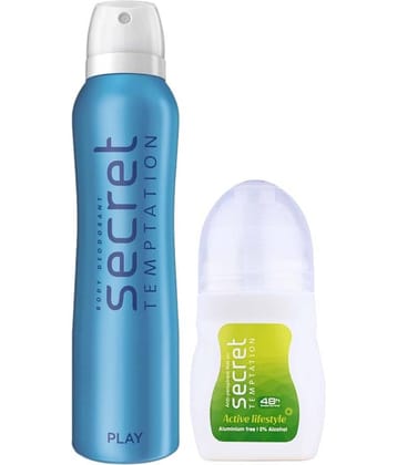 secret temptation Active Lifestyle Roll-on 50ml & Play Deodorant 150ml, Combo Pack of 2 for Women (2 Items in the set)
