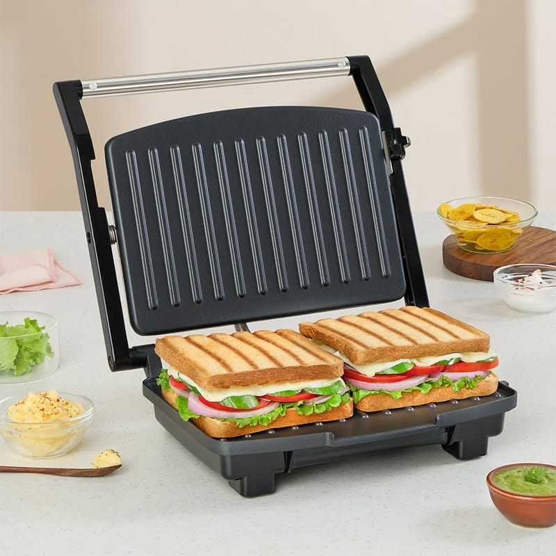 Borosil Elite Prime Grill 1000-Watt Sandwich Maker, 2 Slice Automatic Grill Sandwich Maker, Non-stick Grill plates open 105