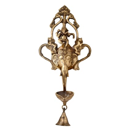Brass Dancing Ganesha Oil Lamp Deepak With Bell  - Traditional Puja Deepak, Height : 14 Inch (BSMAS1203 A)