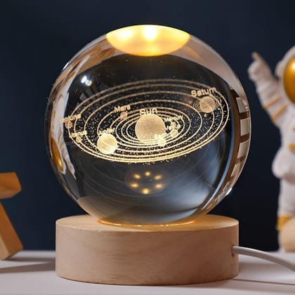 WUGO::3D Crystal Ball Night Lamp With Woodern Base Solar System Crystal Ball Night Light, Bedroom Decor, Ideal Birthday Gift For Teens Men, Women, Kids, Boys, Girls.