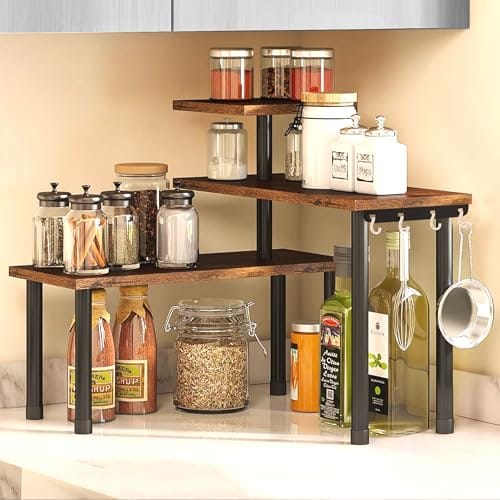 ABJA Kitchen Organizer Rack, Counter Top Organizer, Wooden Corner Shelf, Stand for Kitchen Storage, Spice