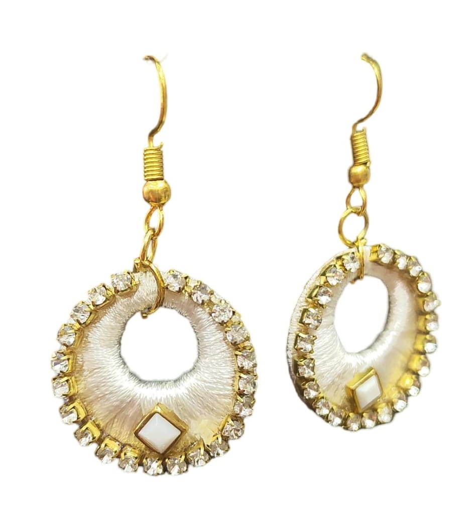 White and Gold Hoop Earrings with Rhinestones