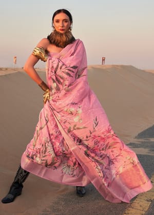 Flamingo Pink Woven Linen Silk Saree With Floral Print