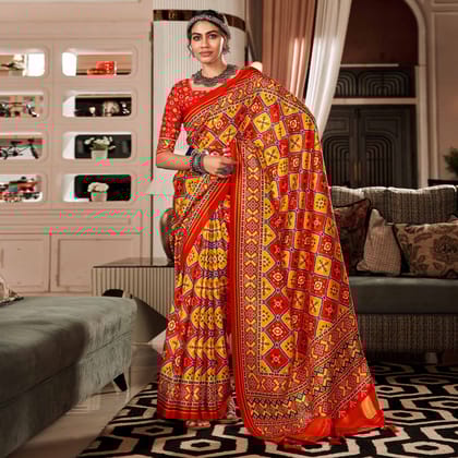 Red And Yellow Tussar Patola Silk Saree