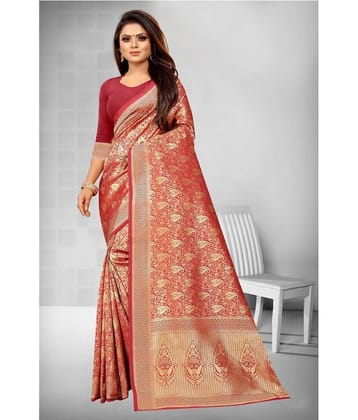 Gazal Fashions Banarasi Silk Printed Saree With Unstitched Blouse Piece ( Red )