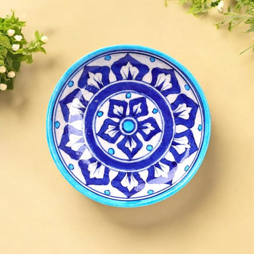 Handcrafted Blue Pottery Floral Decorative PlateCyan Blue
