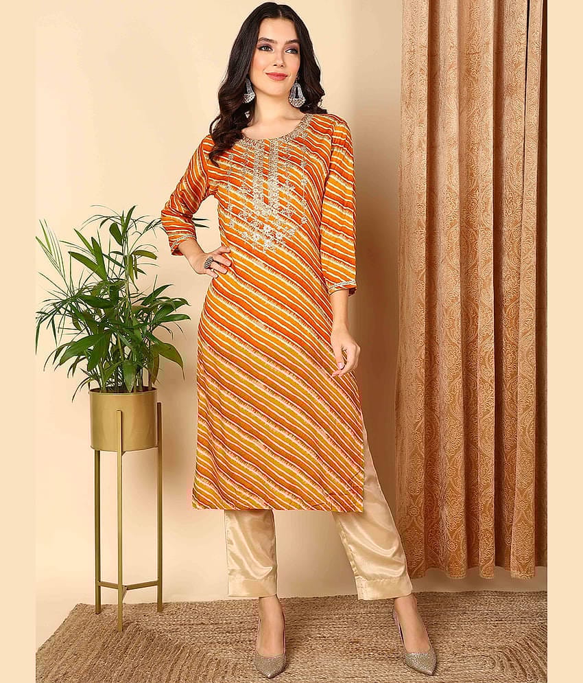Vaamsi Pack of 1 Cotton Blend Embroidered Straight Women's Kurti - ( Orange )