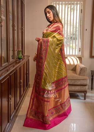 Ikat : Kanjivaram Saree In The Shades Of Green And Pink With A Patola Border