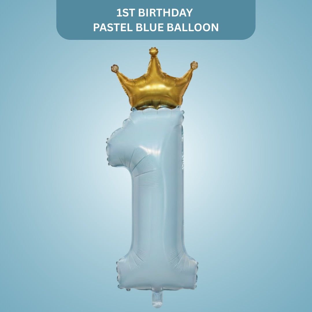 1st Birthday Pastel Blue Foil Balloon with Golden Crown 52"-1PC