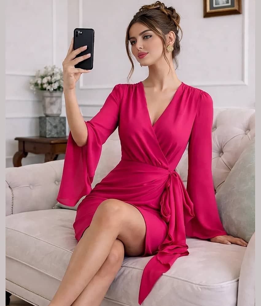 wanquila Women Crepe Wrap Dress ( Pink )