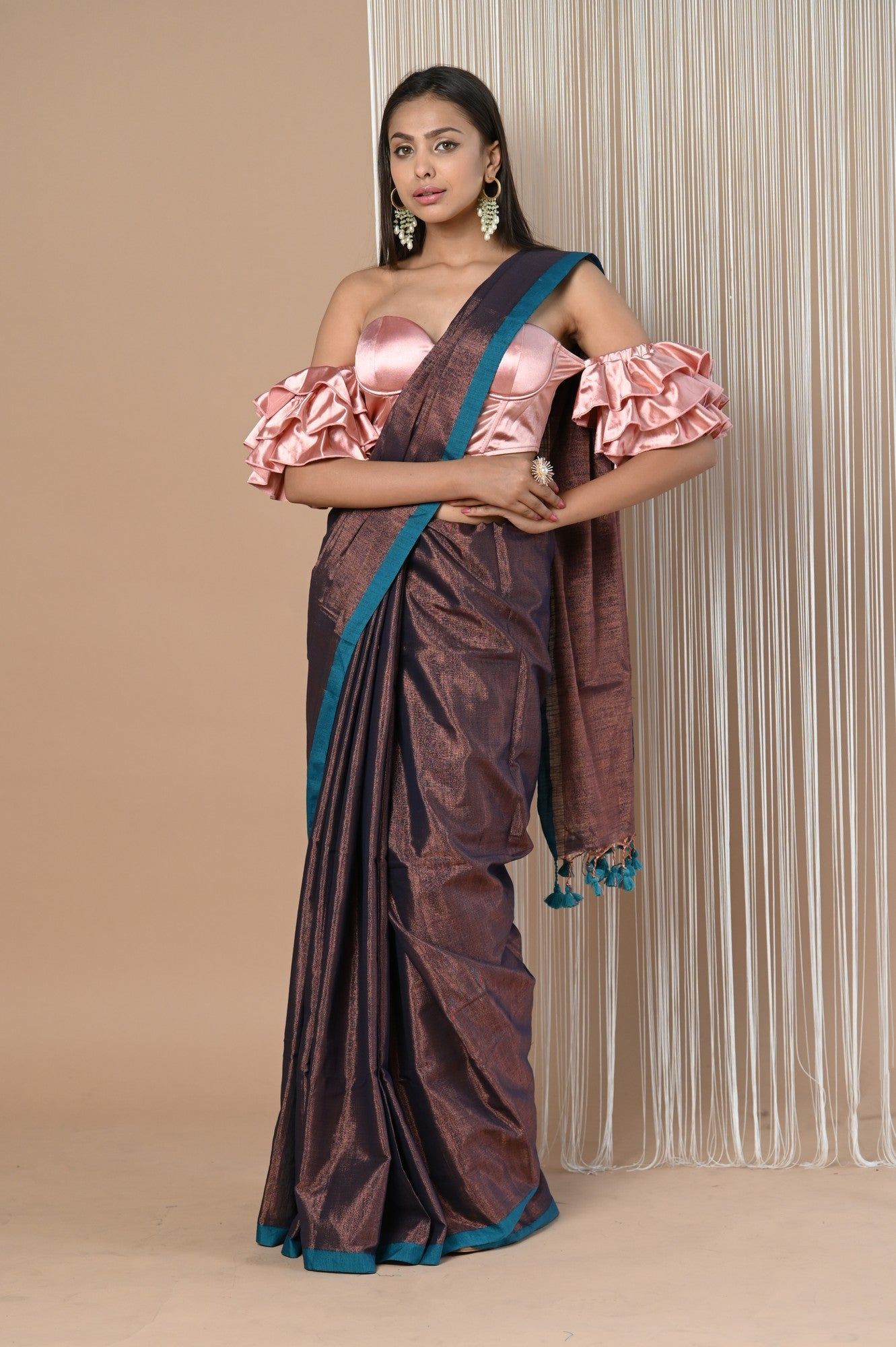 VMI Exclusive! Handloom Woven Cotton Zari Saree with Beautiful Sleek Border ~ Brown