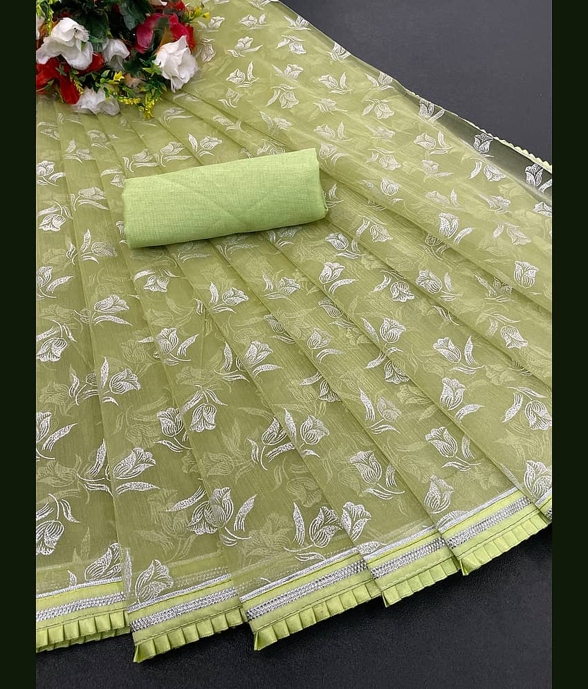 Shree Gullak Silk Lycra Printed Saree With Unstitched Blouse Piece ( Olive )
