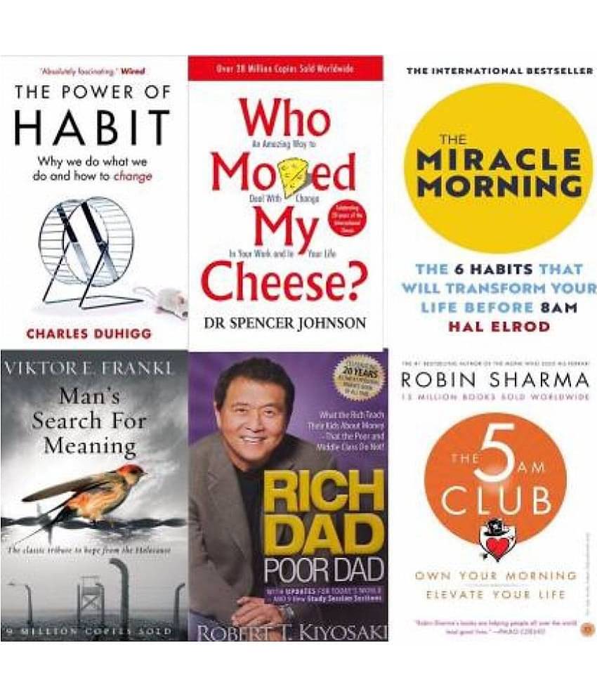 Combo Of 6 Books (Paperback (rich dad poor dad )+(the power of habits) +(miracle morning)+(who moved my cheese) +(the 5 am club )+ men search for meaning