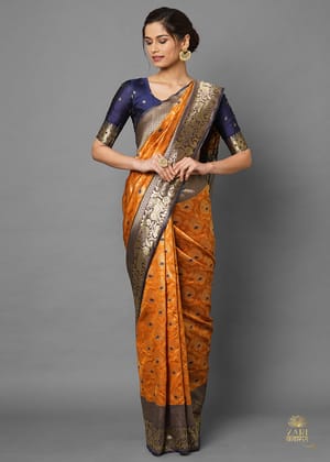 Mustard Festive Silk Woven Saree With Royal Blue Brocade Blouse
