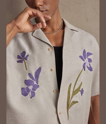 HARPITA Cotton Blend Regular Fit Embroidered Half Sleeves Cuban Collar Men's Casual Shirt - Cream ( Pack of 1 )