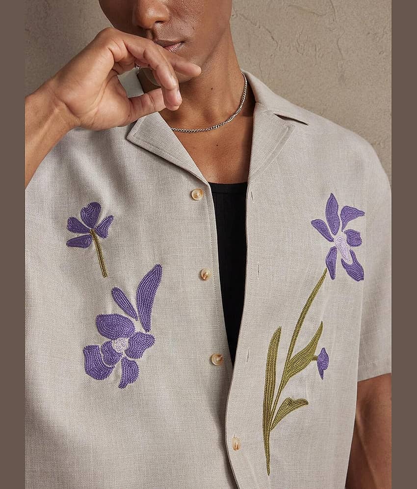 HARPITA Cotton Blend Regular Fit Embroidered Half Sleeves Cuban Collar Men's Casual Shirt - Cream ( Pack of 1 )