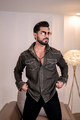 Charcoal Black Denim Double Pocket Full Sleeve Shirt