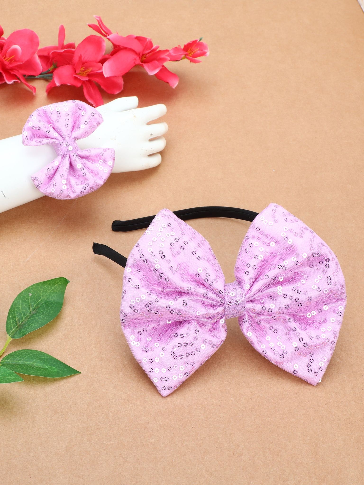 Sequins Bow Bracelet & Hairband Set -Lavender-one Size / Lavender