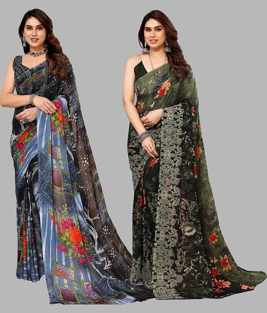 Kashvi Sarees Georgette Printed Saree With Unstitched Blouse Piece ( Multicolor )