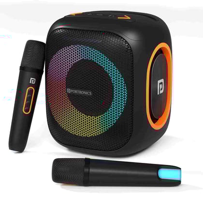 Portronics Dash 10 50W Wireless Bluetooth Party Speaker with Dual Wireless Karaoke Mic, Upto 6 Hours Playtime, Dual Bass Radiator, HD Sound, RGB LED Lights,BT 5.3V,AUX IN,USB In,Type C Charging (Black)