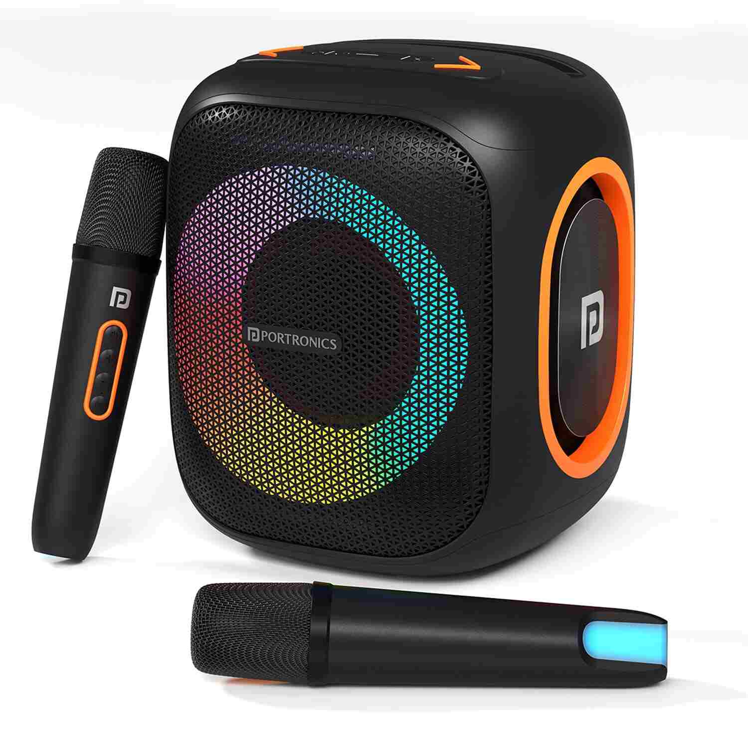 Portronics Dash 10 50W Wireless Bluetooth Party Speaker with Dual Wireless Karaoke Mic, Upto 6 Hours Playtime, Dual Bass Radiator, HD Sound, RGB LED Lights,BT 5.3V,AUX IN,USB In,Type C Charging (Black)