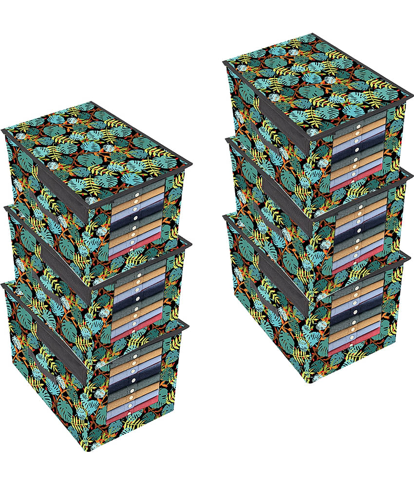 PrettyKrafts Premium Shirt Stacker Closet Storage Organizer Box with Clear Window, Attached Lid and handle, (Pack of 6), Green Leaves