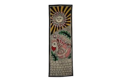 Traditional Madhubani Folk Art Wall Hanging, Hand-Painted Bird and Sun Design, Black Border