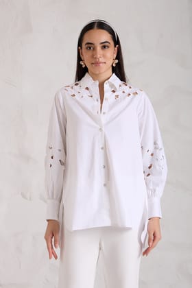 CUTWORK POPLIN SHIRT-White / XXS / Poplin