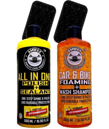 AMWAX ALL IN ONE POLISH 500 ML, CAR AND BIKE FOAMING WASH SHAMPOO 500 ML, 2 APPLICATOR Combo
