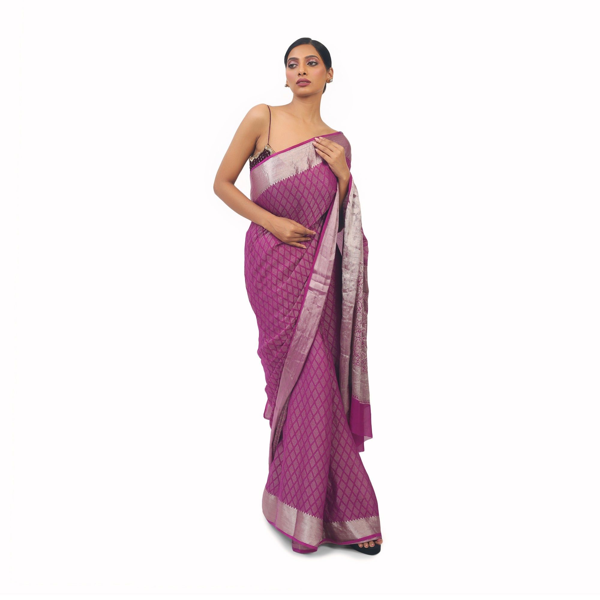 TheHangr Magenta Soft Georgette Designer Saree With Silver Work