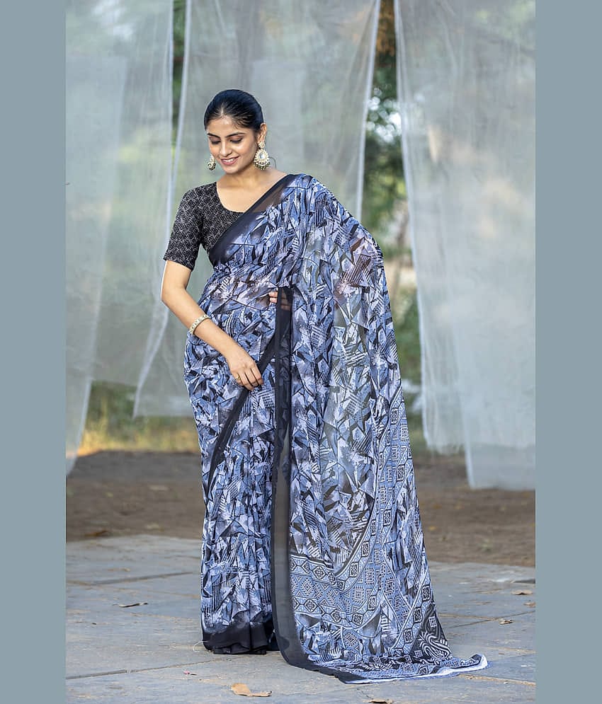 LEELAVATI Chiffon Printed Regular Saree With Unstitched Blouse Piece ( Grey )